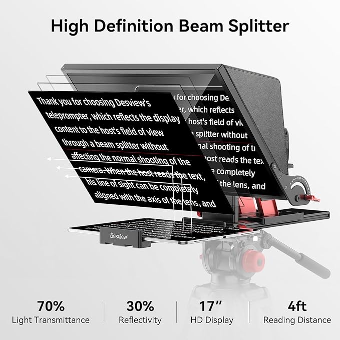 Desview P17 Teleprompter，17 inch Aluminum Alloy Liftable Teleprompter, High Display Glass, Compatible with iPad Tablet Phone DSLR Camera, No Assembly, Carry Case Included, Great for Video Making
