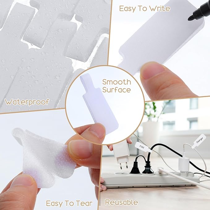 35PCS Reusable Cable Cord Wire Labels, Self-Adhesive Hook and Loop Cable Labels, Easy to Write on Wire Label, White Cables Tags for Electronics, Computer Cables Management and Identification