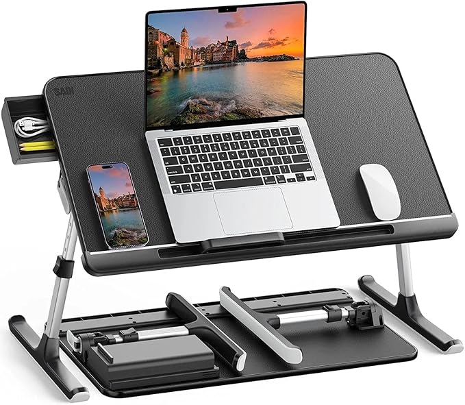 SAIJI Laptop Bed Tray Table, Adjustable PVC Leather Laptop Bed Table, Portable Standing Desk with Storage Drawer, Foldable Lap Tablet Table for Sofa Couch Floor (Dark Black)