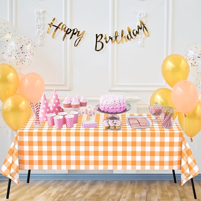 WNINK 2 Pack Orange and White Checkered Rectangular Plastic Tablecloths, Orange Gingham Waterproof Disposable Table Covers 54" x 108" for Birthday, Wedding, Outdoor Picnic Camping Parties