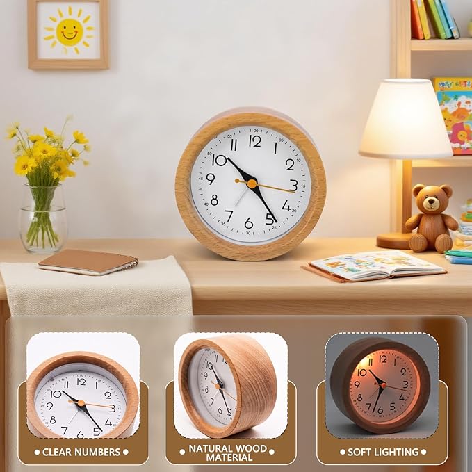 Oxmidud 4'' Natural Wooden Analog Alarm Clock with Soft Night Light - Battery Operated Non-Ticking Silent Tabletop Minimalist Desk & Bedside Clock for Bedrooms Living Room Home Office Decor