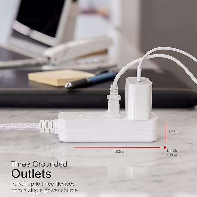 GE 3-Outlet Power Strip Surge Protector 8 Ft Braided Extension Cord with Multiple Outlets Grounded Flat Plug ETL Listed White 38433