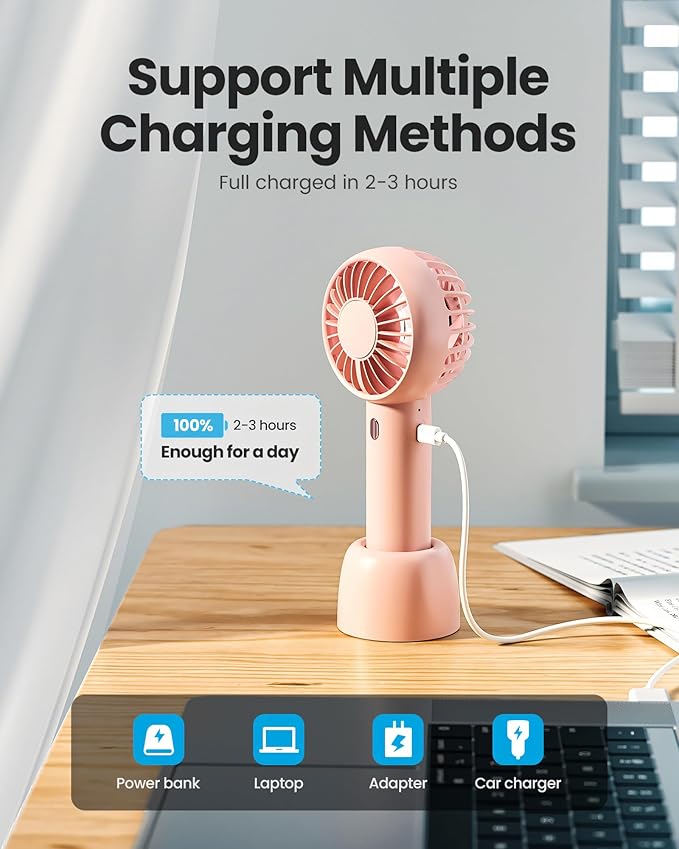 Gaiatop Mini Portable Fan, Small and Powerful, Cute Design 3 Speed Personal Handheld fan and Desktop with Base, Lightweight USB Rechargeable for Travel Lash Makeup Girl Women Summer Gift Pink