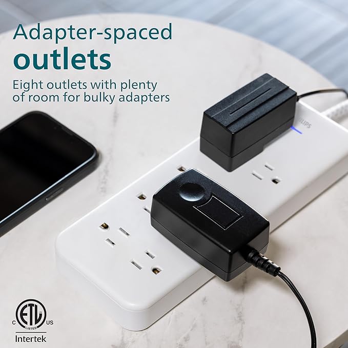 Philips EZFit 8-Outlet Surge Protector Power Strip, 8 Ft Braided Extension Cord, Widely Spaced Outlets, Flat Plug, for Home Office Dorm Essentials, 2160 Joules, White, SPP3673W/37