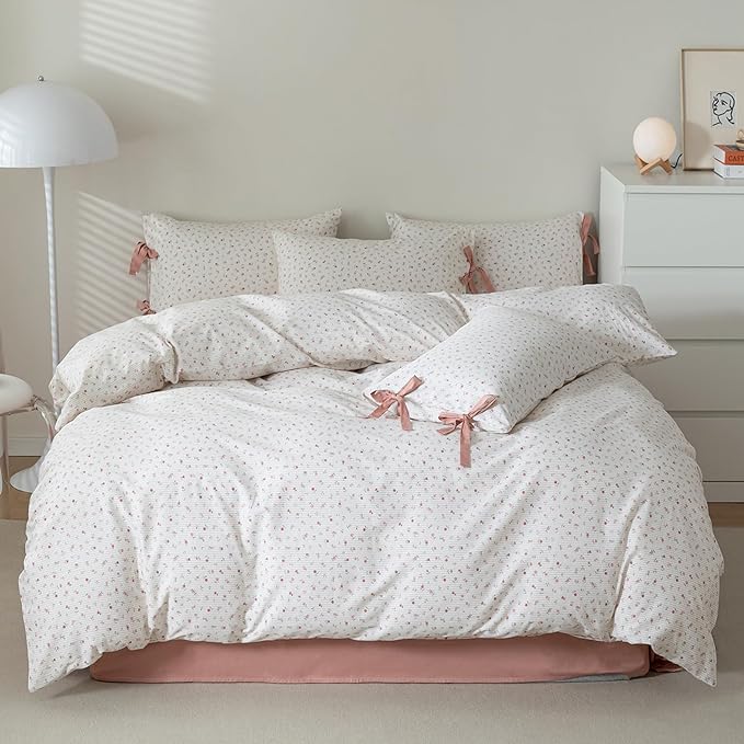 HighBuy Pink Flora Duvet Cover Full Girl Botanical White Flower Coquette Bedding Set Vintage Style Garden Floral Duvet Cover Full with 2 Bowknot Bow Tie Pillowcases Soft Cotton Comforter Cover