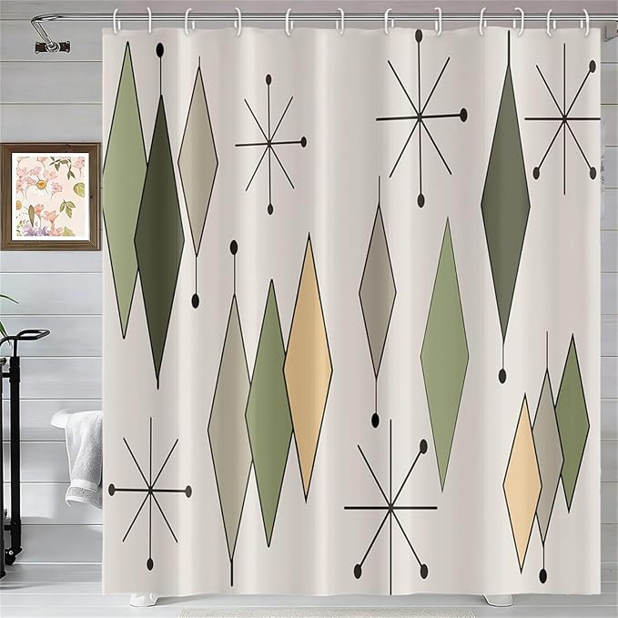 Boho Mid Century Shower Curtain Vintage Abstract Green Diamond Geometric Atomic Starburst Pattern for 1950s Retro Bathroom Decor Accessories Shower Curtain Set with 12 Hooks, 48x72 Inches