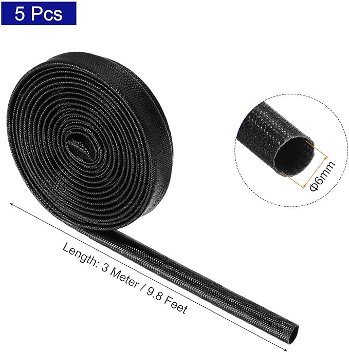 MECCANIXITY 5Pcs Wire Insulation Braid Fire Sleeve,9.8Ft-6mm ID Black, High Temp Silicone Coated Fiberglass Sleeving for Automotive Hose Lines Electrical Wiring