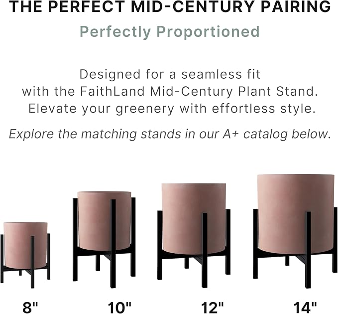 FaithLand 12 Inch Fiberstone Planter - Lightweight Modern Cylinder Plant Pot with Drainage Hole & Plug, Indoor Outdoor Use, Terracotta Color