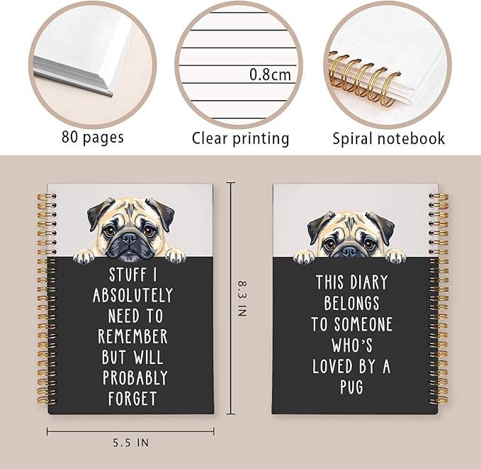 LIANGW Funny Pug Notebook Journal Gifts for Women & Men, Gifts for Pug Lovers Notebooks for Women, Funny Human Resources Gifts Journal for Coworkers, Hardcover Spiral Notebook 5.5x8.3 Inch