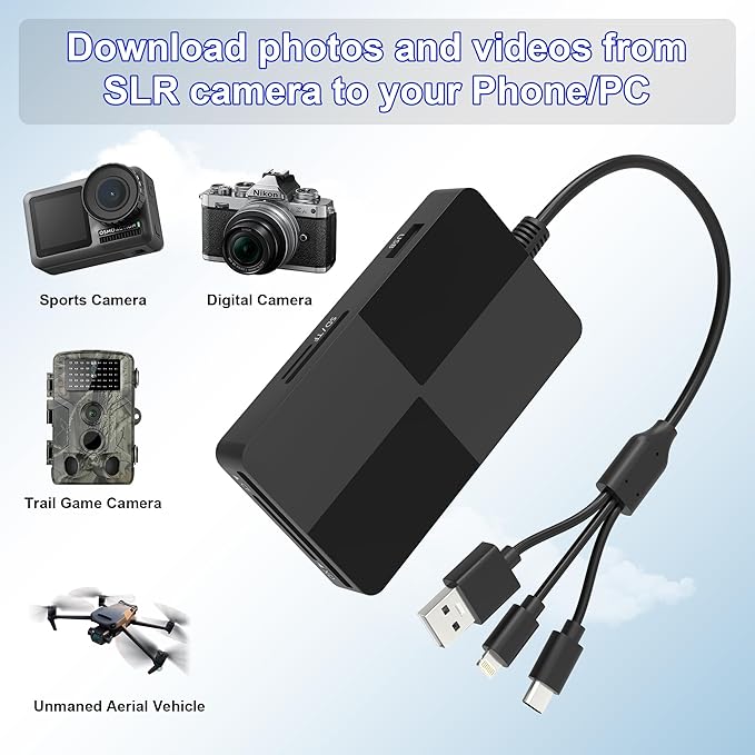 Memory Stick Pro Duo Adapter for iPhone/USB C/PC - 8 in 1 SD/TF/CF/MS/XD Picture Card Reader & 3 USB 2.0, Multi Memory Card Reader USB C Lightning OTG Adapter Memory Stick pro Duo Reader for iPhone