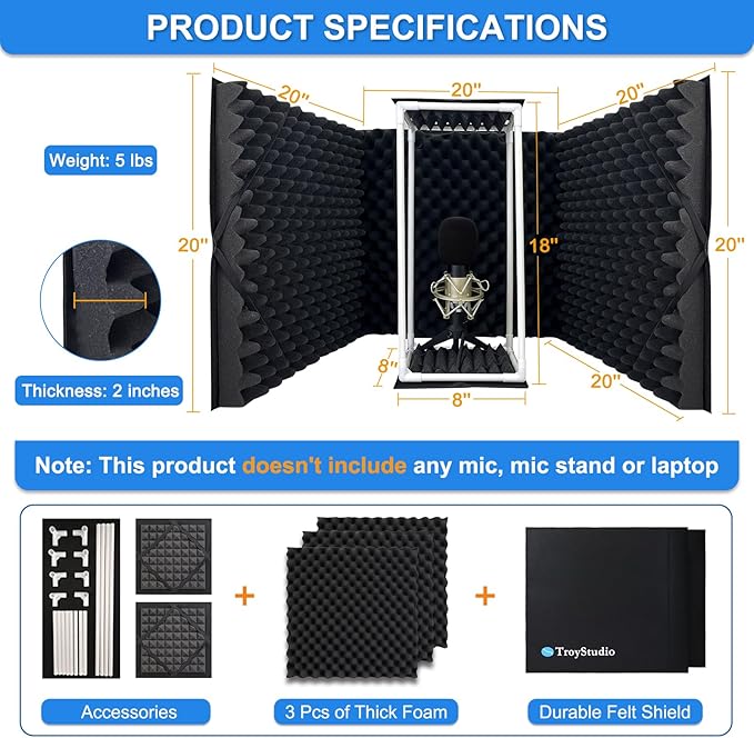 TroyStudio Large Microphone Isolation Shield, Foldable Vocal Booth Reflection Filter, 2 Inches Thick Acoustic Foam Panel Music Sing Podcast Recording Studio Adjustable Sound Box for Desk & Laptop