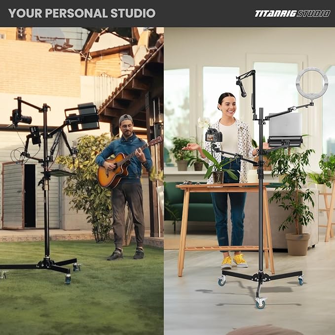 TARION Live Streaming Stand with Wheels - 61"/155cm 5-in-1 Stream Stand Equipment Kit: 1 Mic Boom + 3 Articulated Arms + 1 Projector Holder, Adjustable Heavy-duty Floor Live Tree Stand Setup TitanRig