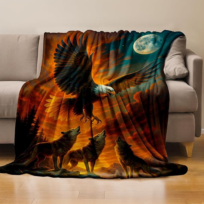 Wolf and Eagle Throw Blanket Gifts for Boys Girls Kids Adults, Bald Eagle Flannel Blankets for Travel Sofa Living Room Decor 60"X80"