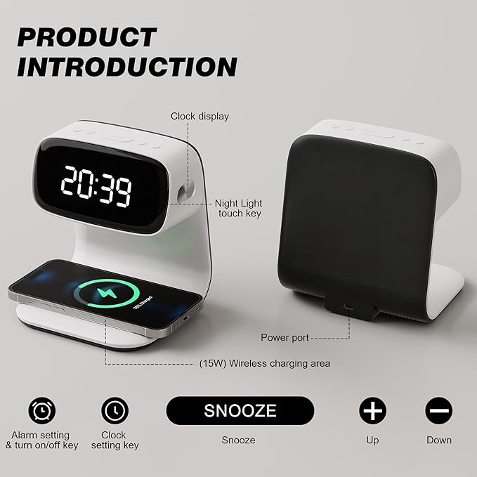 YIDPU Digital Alarm Clock with Wireless Fast Charging Station 15W Touch Smart Lamp for Bedside,3 Colors Nightlight Adjustment Night Lamp for Living Room,Bedside,Heavy Sleepers (White-01-Adapter)