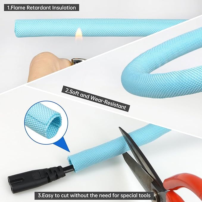 YOUBO Split Braided Cable Sleeve，Flexible Wire Loom Tubing, Automotive Cord Protector Pet Proof, Cable Management for Computer TV Electric Wires Harness 16ft (Sky Blue, 13mm（1/2")