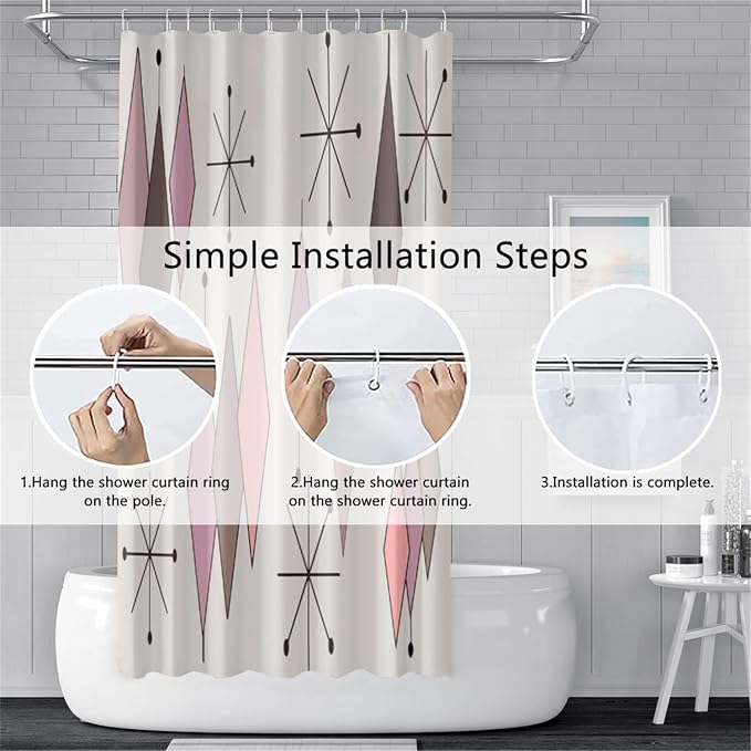 Mid Century Shower Curtain Vintage Abstract Pink Brown Diamond Geometric Atomic Starburst Pattern for 1950s Retro Bathroom Decor Accessories Shower Curtain Set with 12 Hooks, 72x84 Inches