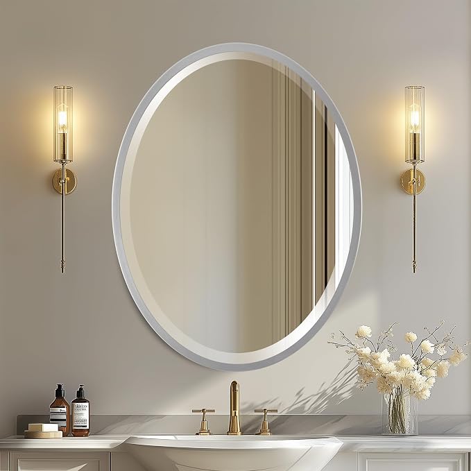 OVALCREST - Oval Wooden Beveled Wall Mirror for Home Decor, Bathroom, Vanity, Bedroom, Living Room, Hallway - London Style (Silver Spray) 37.1 x 25.1