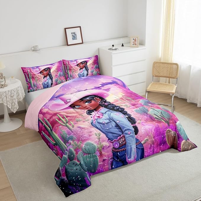 Western Cowgirl Full Size Comforter Set,Reversible African Style Cute Girl Print Black Bedding Comforters Bedroom Collection,Dreamy Stars Purple Galaxy Sparkling Bedding Set for Girls Teens