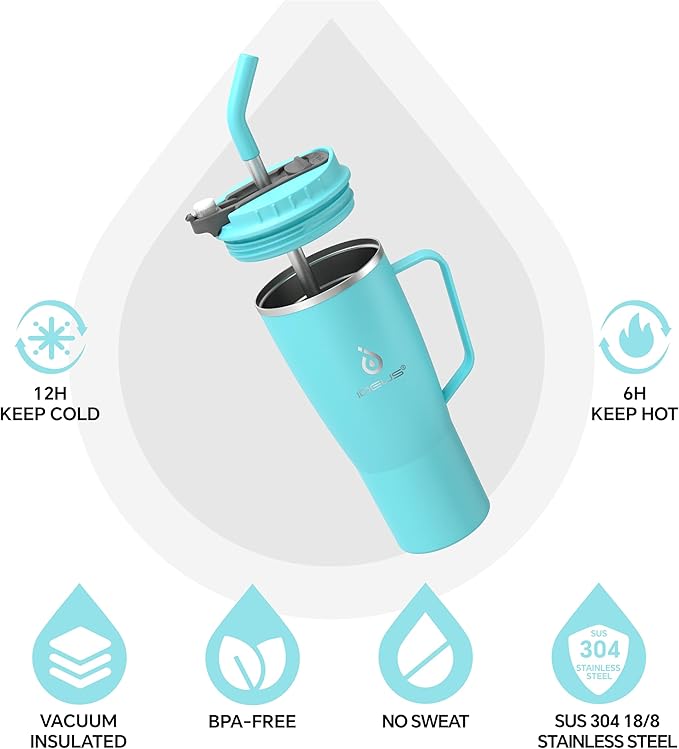 Ideus 32 oz Tumbler with Handle and Straw, Vacuum Insulated Stainless Steel Travel Mug, 100% Leakproof, Cup Holder Friendly, Sky Blue