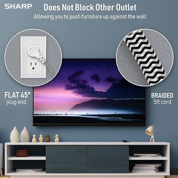 SHARP Surge Protector Power Strip - 6 Widely Spaced Outlets with 4 USB Fast Charge USB Charging Ports (3 USB-A and 1 USB Type-C), Flat Wall-Hugger Plug and 6 ft. Braided Cord, White (Pack of 2)