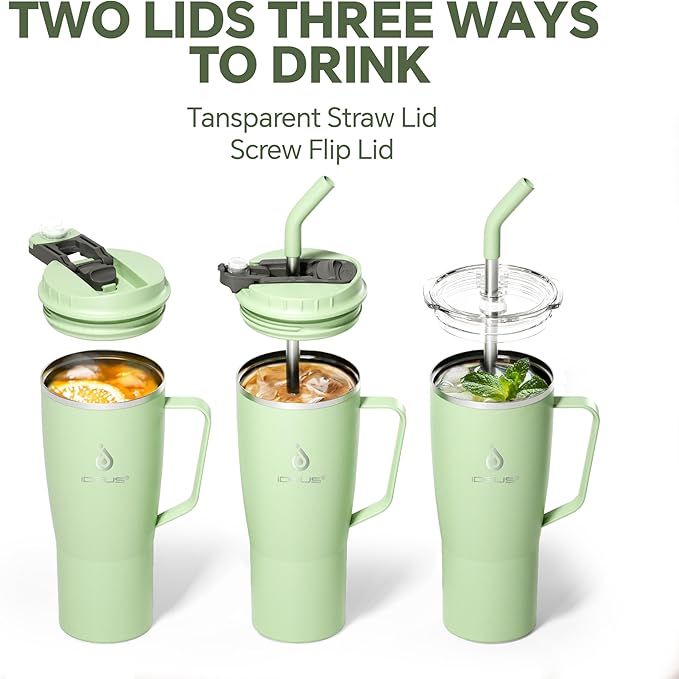 Ideus 32 oz Tumbler with Handle and Straw, Vacuum Insulated Stainless Steel Travel Mug, 100% Leakproof, Cup Holder Friendly, Avocado Green