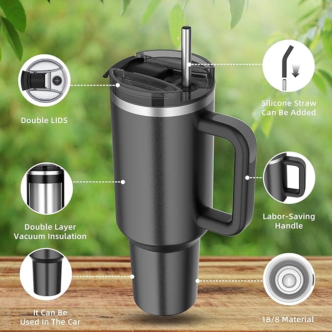 40 oz tumbler with handle and straw,Double Wall Vacuum Reusable Stainless Steel Insulated Water Bottle,With Leak Proof lid and Straw for Iced or Cold Beverages (Black)