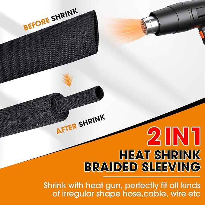 SUNNAREPOON Black 2:1 Ratio Automotive Heat Shrink Braided Sleeving,Wear-Resistant Flat Woven Shrinkable Sleeve Fabric Car Cable Wires Hoses Protection (1/4''-66ft)