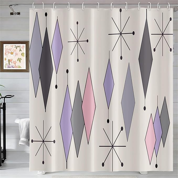 Boho Mid Century Shower Curtain Abstract Purple Grey Pink Diamond Geometric Atomic Starburst Pattern Beige for 1950s Retro Bathroom Decor Shower Curtain Set with 12 Hooks, 60x72 Inches