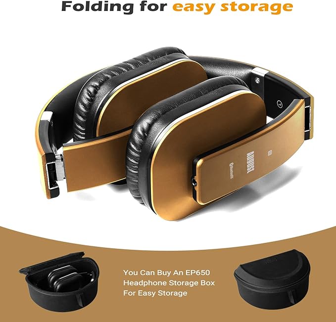 August EP650 Bluetooth Wireless Over-Ear Headphones with aptX Low Latency, NFC, Multipoint Pairing, Wired Option, Built-in Microphone - Gold