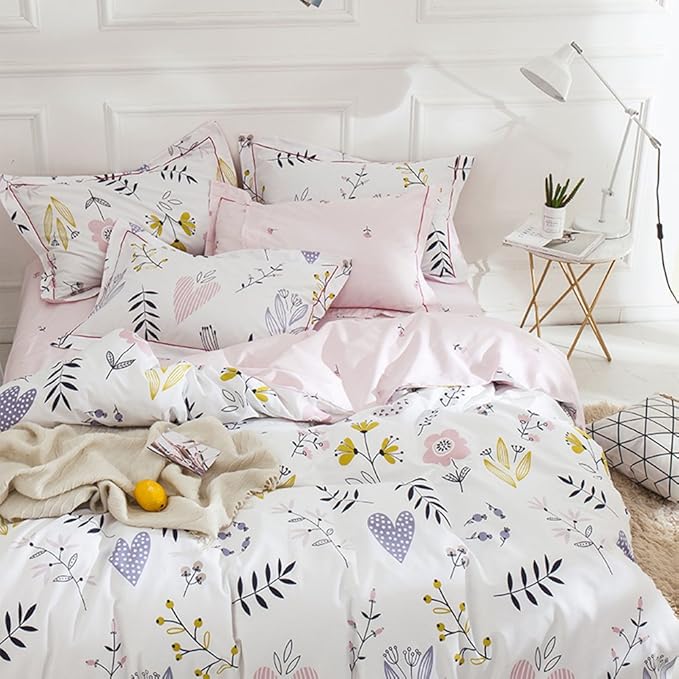 LifeTB Girls Flower Duvet Cover Twin XL Boho White Pink Floral Bedding Sets Aesthetic 100% Cotton Comforter Cover Cute Branches Flower Bedding Sets Pink Floral Twin XL Duvet Cover with 2 Pillowcases