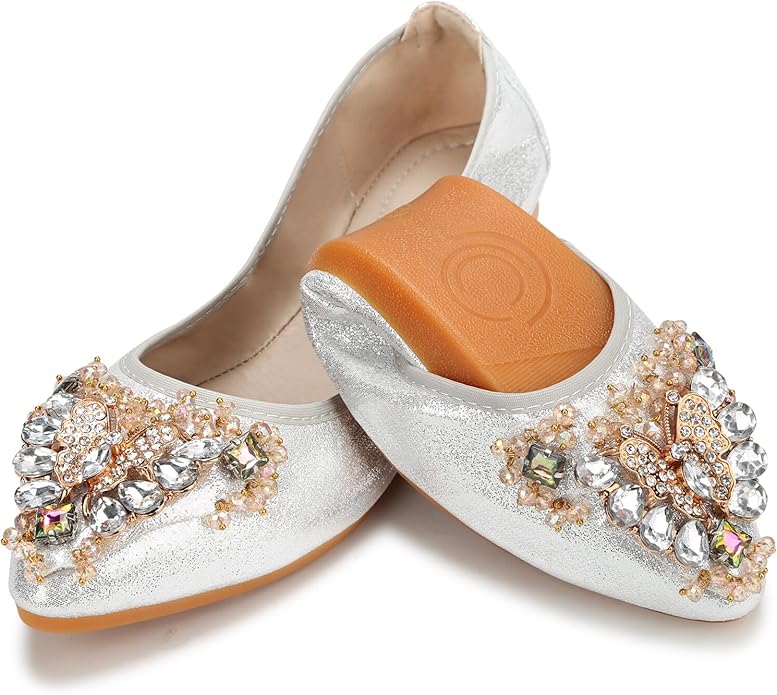 KUNWFNIX Women Ballet Flats Rhinestone Wedding Ballerina Shoes Foldable Sparkly Comfort Slip on Flat Shoes