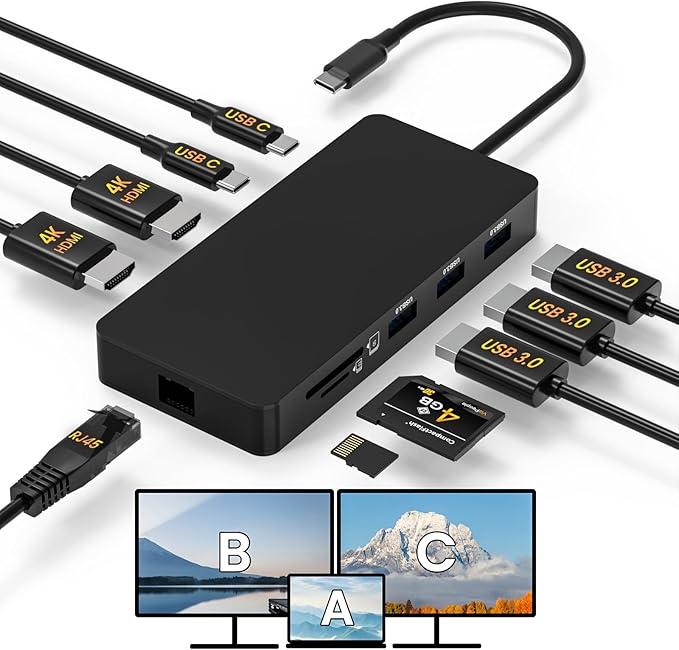 Laptop Docking Station Dual 4K HDTV Monitor, Fophmo USB C to 2 HDTV Splitter Extended Display, 1000Mbps LAN, USB A&C 3.0 Ports(10Gbps), SD/TF Card, 100W PD Charging, MacOS Only Mirrors Same Screen