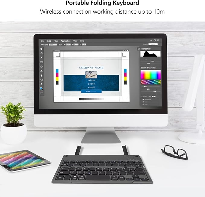 Vvikizy Foldable Laptop Keyboard, Portable Wireless BT Keyboard with 140mAh Battery and Phone Holder, for iOS Tablets Laptops