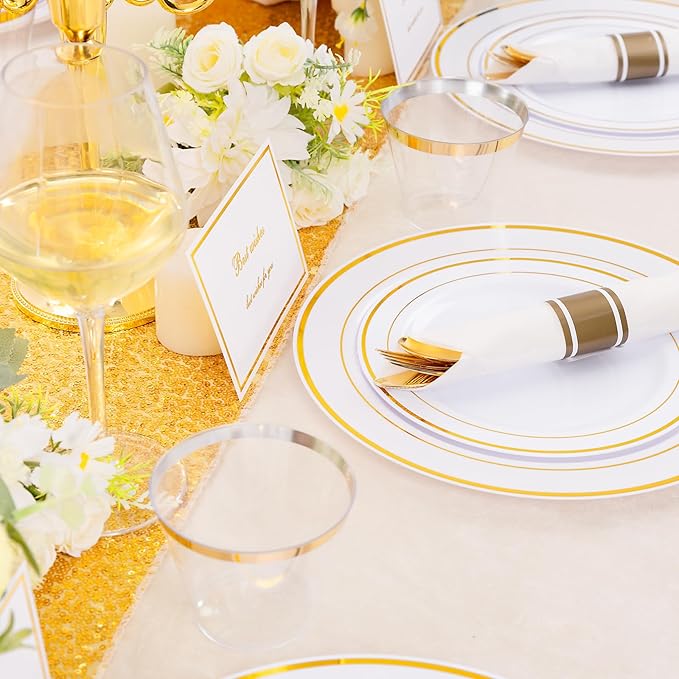 DaYammi 350PCS Gold Plastic Dinnerware Set for 50 Guests, Thanksgiving Plates Disposable, Include: 50 Dinner Plates, 50 Dessert Plates, 50 Pre Rolled Napkins with Gold Silverware, 50 Cups