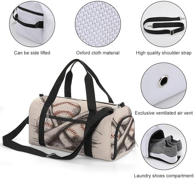 Oxford Cloth Hand Drawn Baseball Bats And Ball Gym Bag,Duffle Bag with Shoes Compartment And Adjustable Shoulder Straps，Weekender Bags for Men Women.