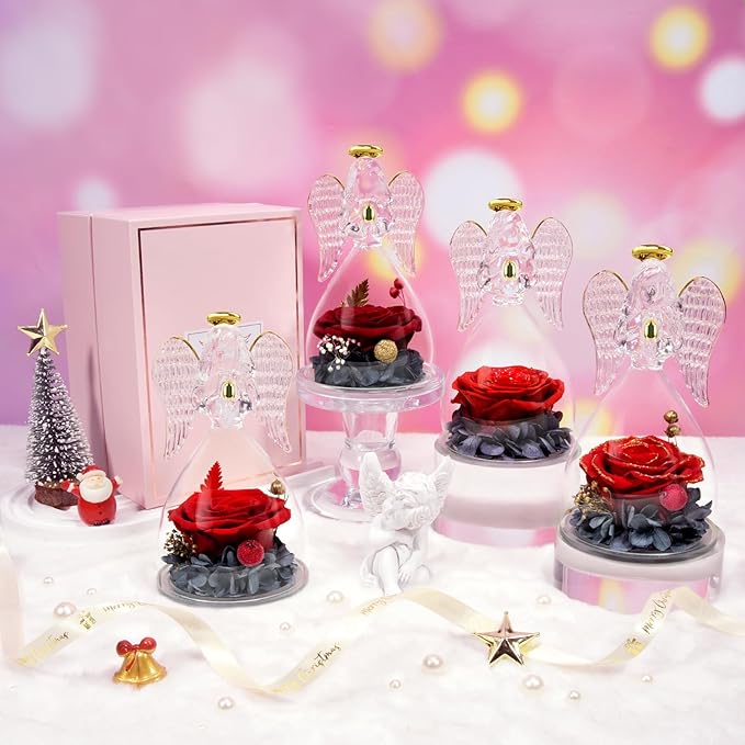 Sunia Preserved Flower Rose Gift for Women - Mother's Day Birthday Gifts for Mom Wife Grandma, Glass Angel Figurines Forever Real Roses Gifts for Her Valentine Day Thanksgiving﻿ (Red Starry Sky)