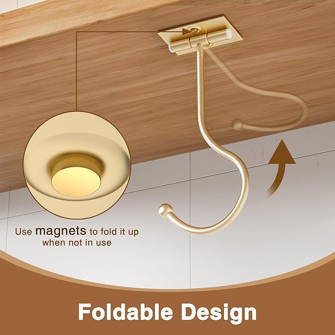 Gold Banana Hanger Hook Under Cabinet: Adhesive Banana Holder, Foldable with Magnets When Not in Use, Under Counter Banana Hook, Stainless, Hold 13 LB