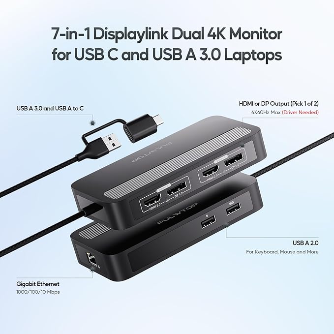PULWTOP Dual DisplayLink Docking Station, USB C Docking Station Dual 4K@60Hz Display for MacBook M1/M2/M3/Windows, Universal Laptop DockingStation, DisplayPort or HDMI, 2 USB A 2.0, Ethernet