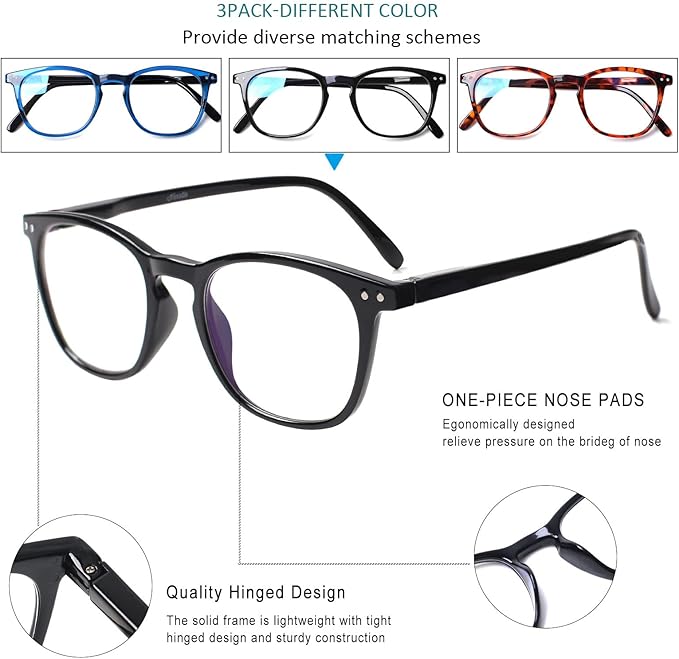 Henotin 3-Pack Blue Light Blocking Reading Glasses,Spring Hinge Computer Readers for Men Women,Anti UV Ray Filter Eyeglasses (3 Mixed Color, 4.0)