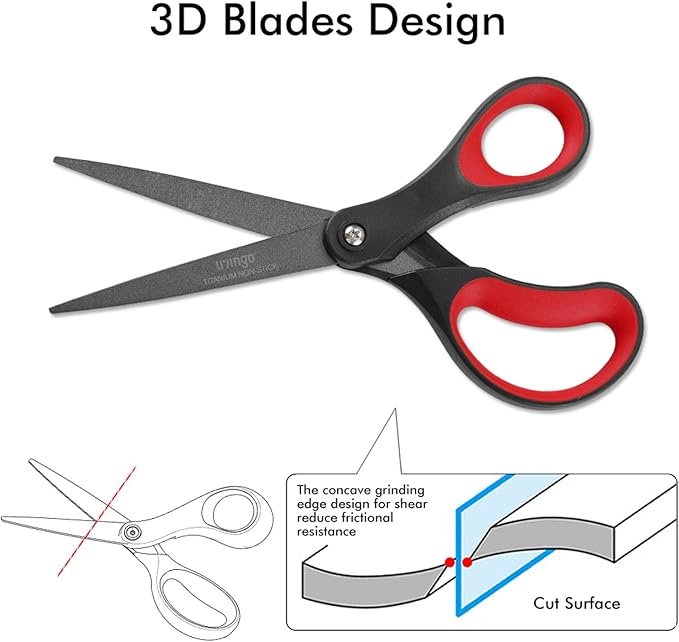 LIVINGO 2 Pack 8" Titanium Non-Stick Scissors, Professional Stainless Steel Comfort Grip, All-Purpose, Straight Office Craft Scissors for DIY(Red/Black)
