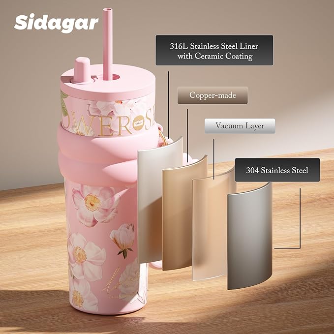 24 oz Stainless Steel Tumbler with Lid and Straw, Insulated Coffee Mug, Leak Proof, Portable Iced Travel Water Bottle, Reusable Thermal Coffee Cup, Floral Pink