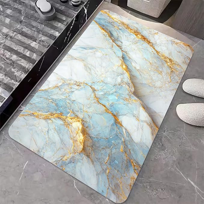 Diatomaceous Earth Bath Mat,Blue, White and Gold Marble Non-Slip Volume Super Absorbent Fast Drying for Bathroom Kitchen Door mat,Eco-Friendly Easy to Clean 16×24Inch (40 * 60cm)