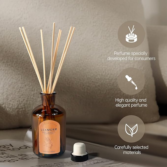 LEAMERR Premium Reed Diffuser Set - 8.8 oz (250 ml) Bedroom Bathroom Living Room Home Fragrance Products Sweet Orange&CEDERWOOD Scent 1 Pack