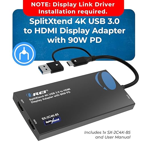 OREI SplitExtend 4K HDMI Splitter Extended Display for Dual Monitor - Multi-Monitor Display 3 Separate Screens - USB A & USB-C Adapter to HDMI 2.0, 4K@60hz, 90W PD Charger, DisplayLink MacOS, Windows