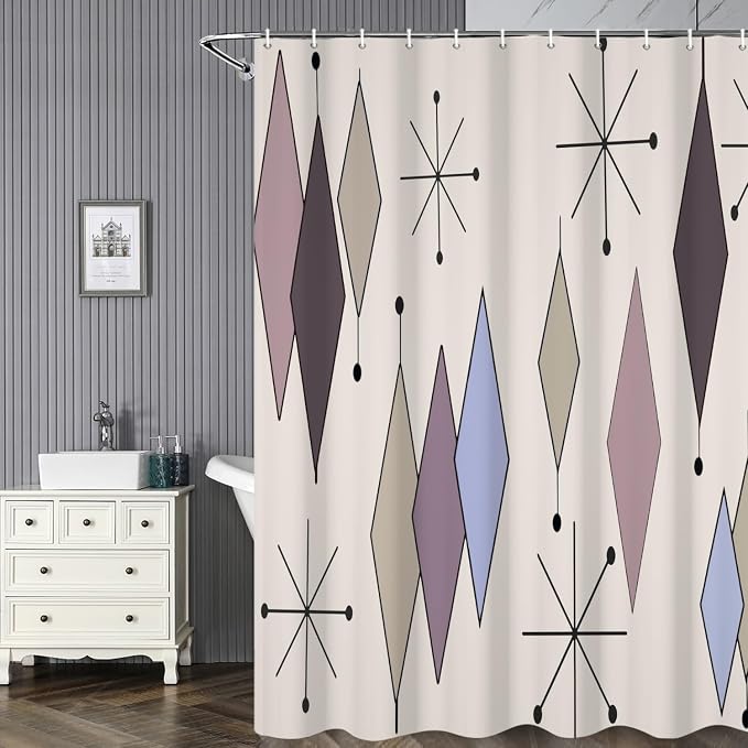 Mid Century Shower Curtain Abstract Purple Diamond Geometric Atomic Starburst Pattern Beige Backdrop for 1950s Retro Bathroom Decor Accessories Shower Curtain Set with 12 Hooks, 48x72 Inches