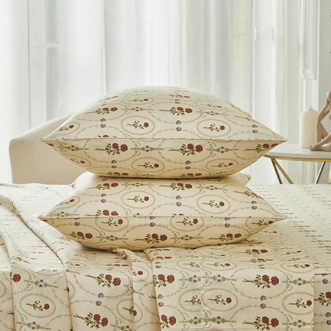 FADFAY King Size 100% Cotton Beige Bed Sheets Set Elegant Red Rose Floral Pattern, Soft and Luxurious Shabby Vintage French Country Bedding, 4 Pieces Deep Pocket Fitted Sheet
