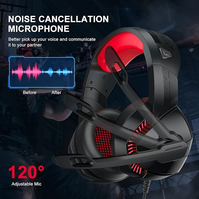 PHOINIKAS PS4 Gaming Headset with 7.1 Surround Sound, PC Headset with Noise Canceling Mic & LED Light, H3 Over Ear Headphones for Nintendo Switch, PS5, Xbox One, Laptop (Red)