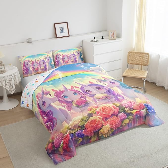 Castle Fairy Kawaii Unicorn Full Size Comforter Set,Cartoon Cute Unicorn Horse Animal Reversible Bedding Comforters Bedroom Collection,Stars Rainbow Watercolor Flowers Bedding Set for Girls Teens