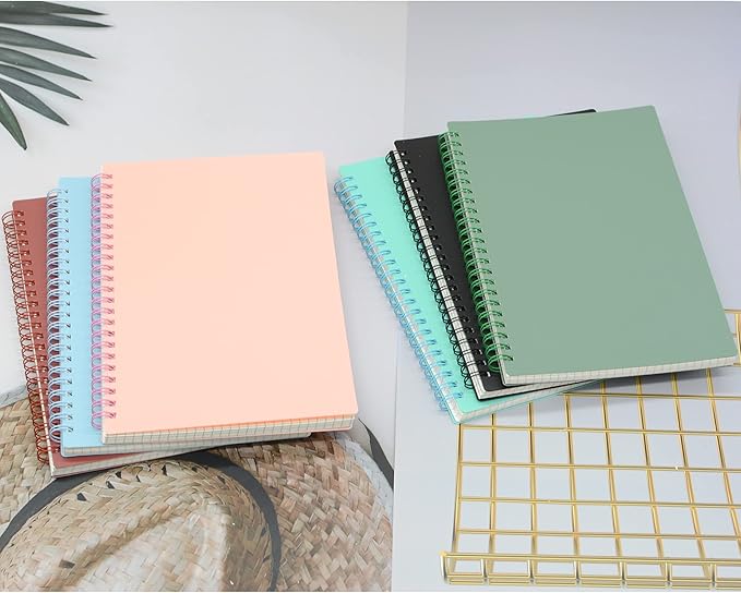 Yansanido Spiral Notebook, 6 Pcs A5 Thick Plastic Hardcover Graph Paper 6 Color 80 Sheets -160 Pages Journals for Study and Notes (6 colors, A5 5.7" x 8.3"-Grid)