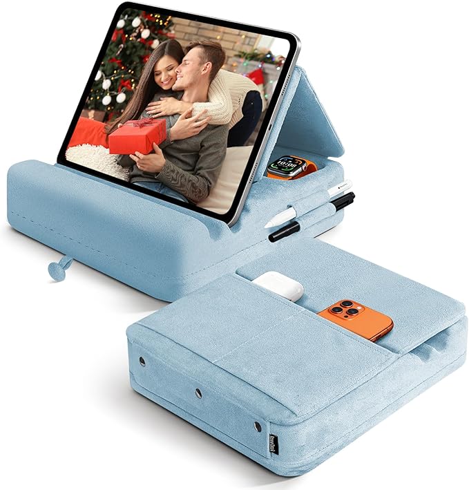 TpeeTeek Tablet Pillow Stand with Storage, Foldable iPad Holder for Lep, Bed, Sofa, and Desk - Soft Pad Dock with Pocket and Stylus Mount Compatible with 4-13" iPad Pro/Air/Mini, Galaxy Tab, Kindle